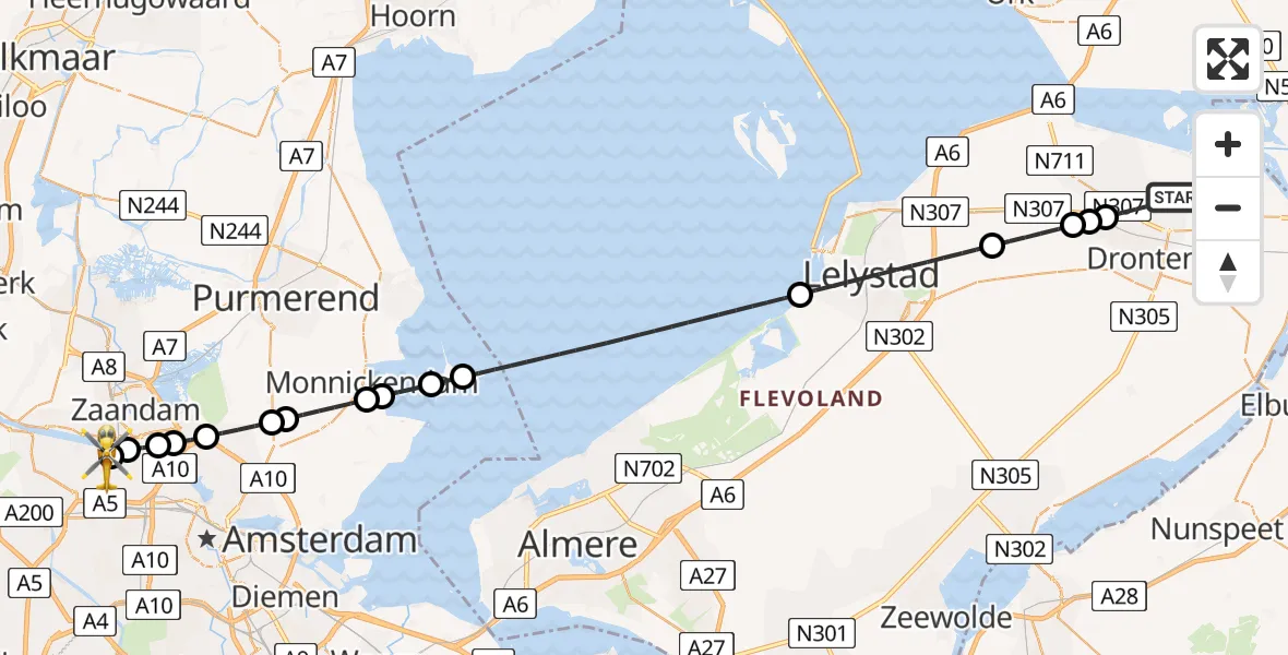Vluchtroute Traumahelikopter Dronten - Amsterdam Heliport, 30 juni 2026, 20:03