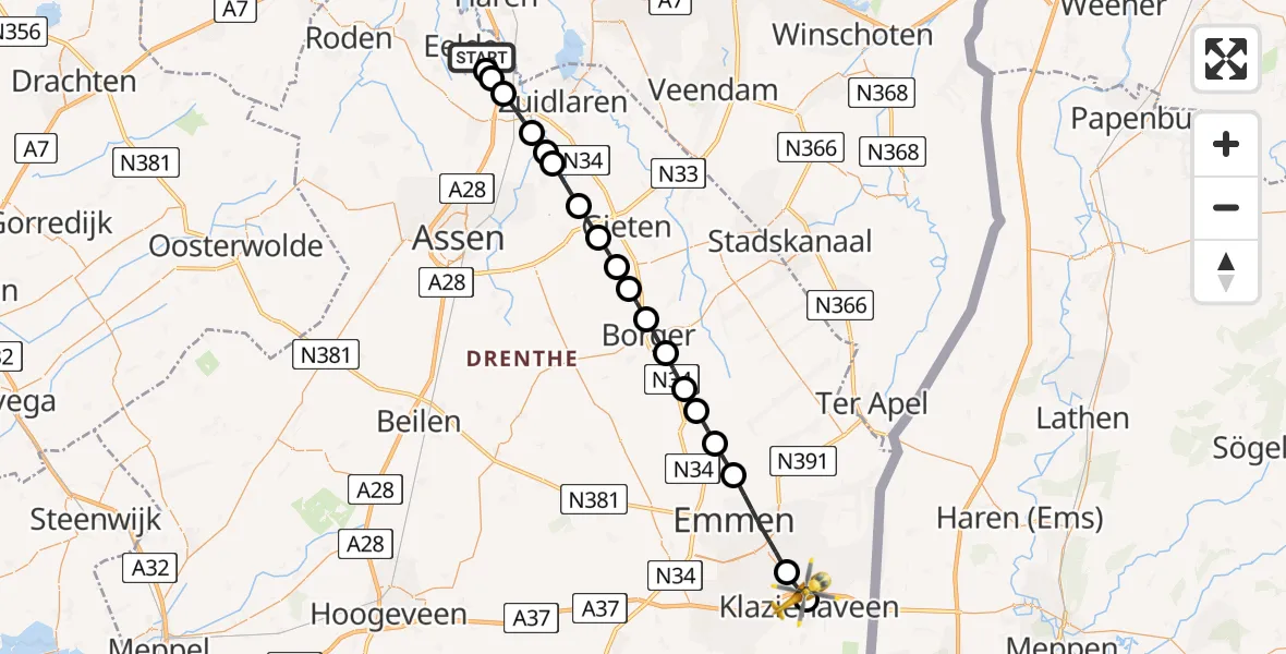 Vluchtroute Traumahelikopter Groningen Airport Eelde - Klazienaveen, 30 juni 2026, 20:18