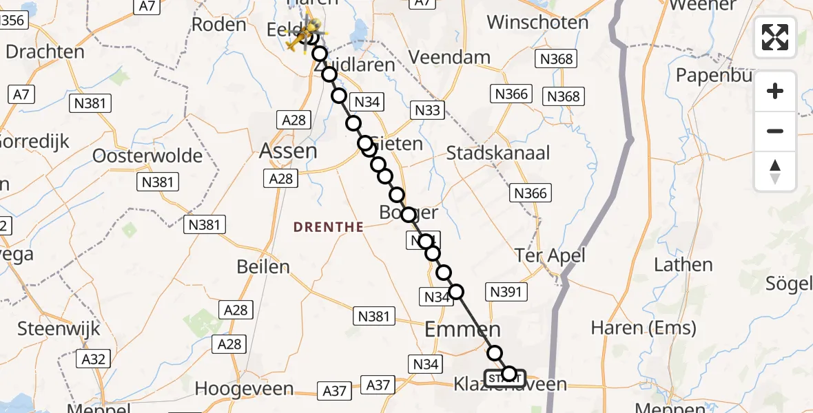 Vluchtroute Traumahelikopter Klazienaveen - Groningen Airport Eelde, 30 juni 2026, 20:51