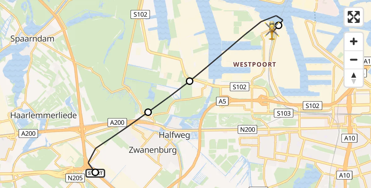 Vluchtroute Traumahelikopter Amsterdam Vliegveld Schiphol - Amsterdam Heliport, 30 juni 2026, 23:46