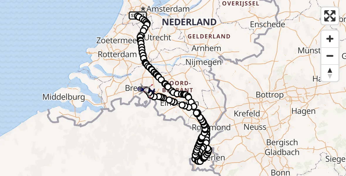 Vluchtroute Politiehelikopter Amsterdam Vliegveld Schiphol - Vliegbasis Gilze Rijen, 01 juli 2026, 07:31