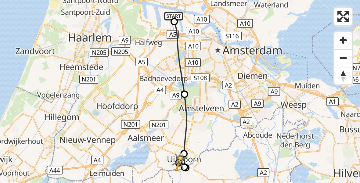 Vluchtroute Traumahelikopter Amsterdam Heliport - Uithoorn, 01 juli 2026, 08:00