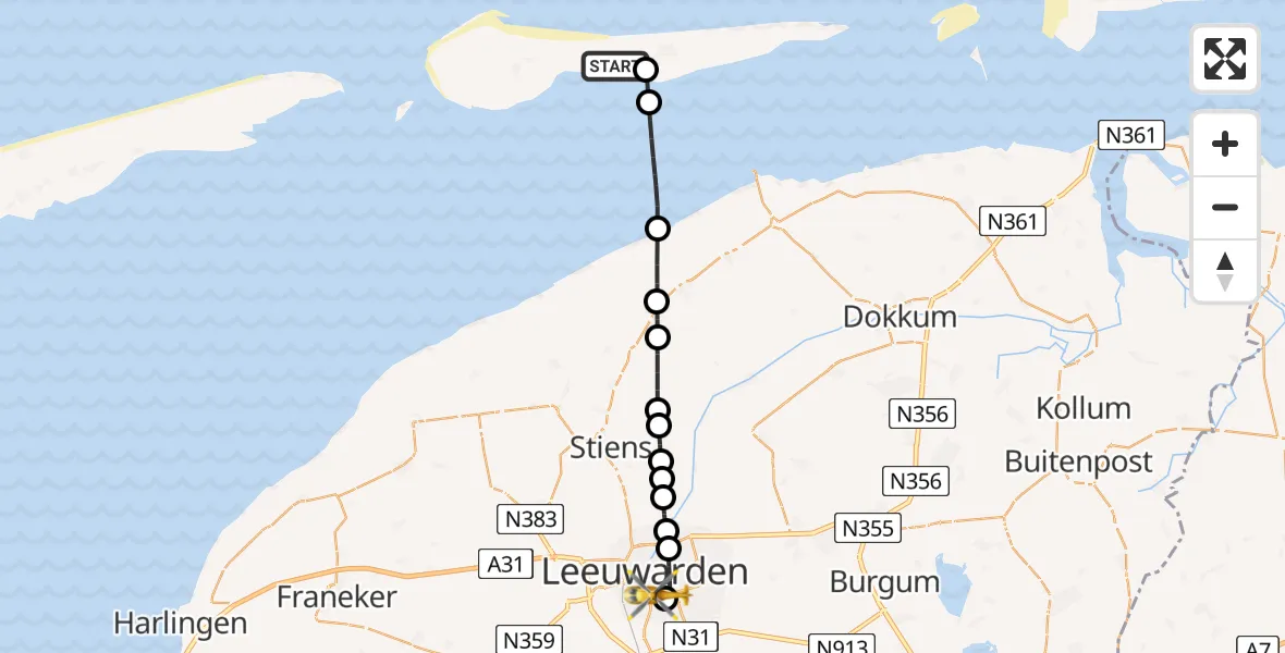 Vluchtroute Ambulancehelikopter Nes - Leeuwarden Medical Center Heliport, 01 juli 2026, 08:10