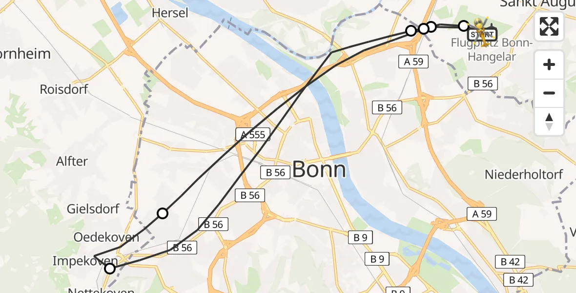 Vluchtroute Ambulancehelikopter Bonn-Hangelar Flugplatz - Bonn-Hangelar Flugplatz, 01 juli 2026, 08:13