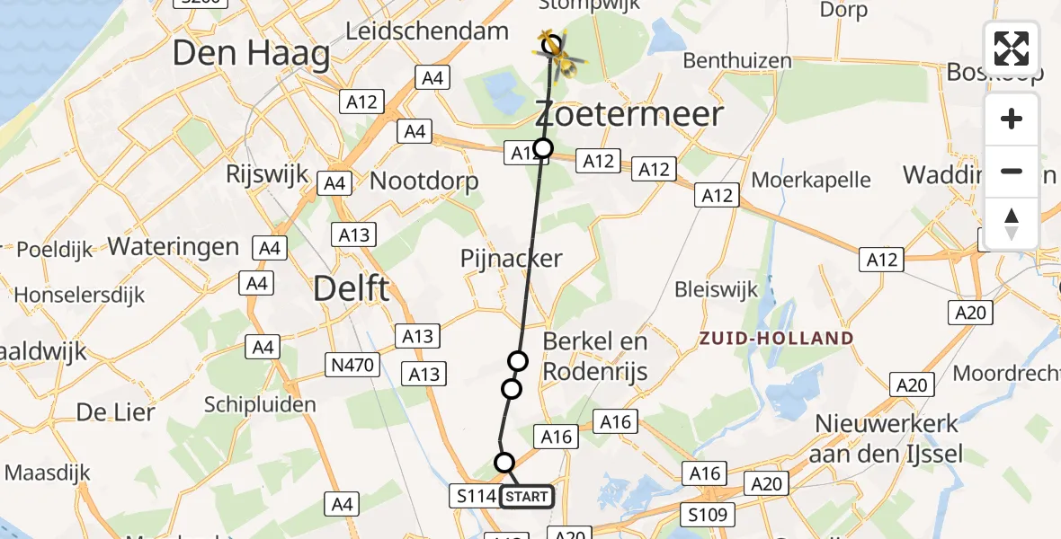 Vluchtroute Traumahelikopter Rotterdam The Hague Airport - Leidschendam, 01 juli 2026, 09:41