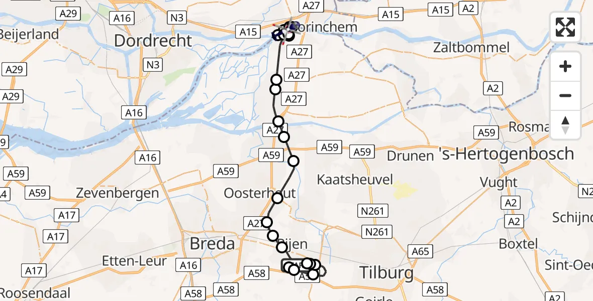 Vluchtroute Politiehelikopter Vliegbasis Gilze Rijen - Werkendam, 01 juli 2026, 11:18