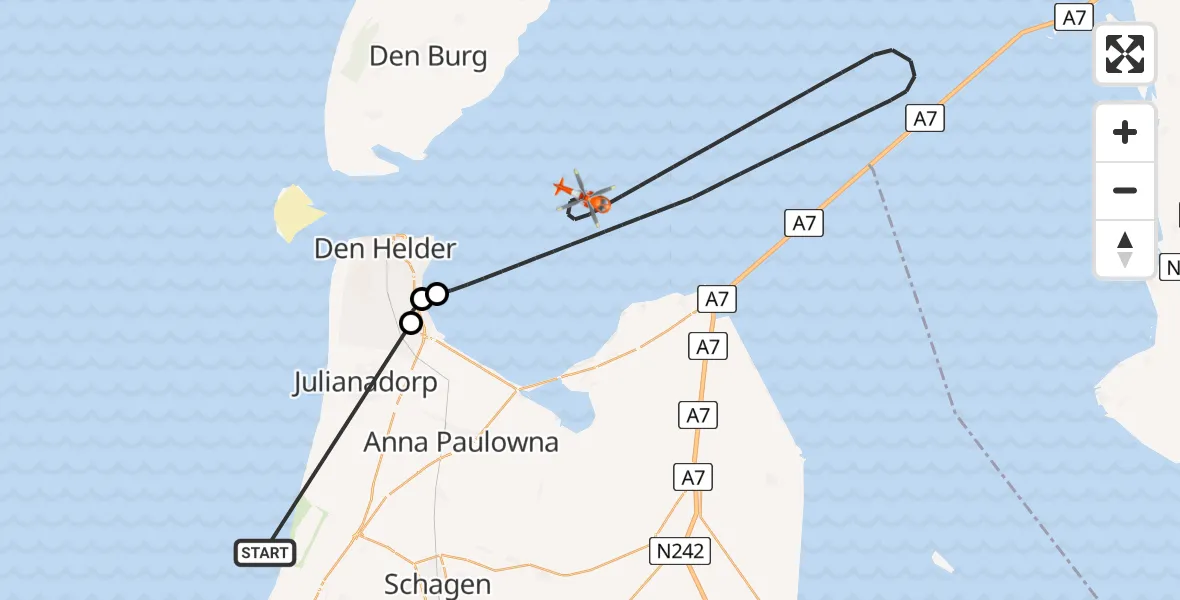 Vluchtroute Kustwachthelikopter Noordzee - Waddenzee, 01 juli 2026, 12:27