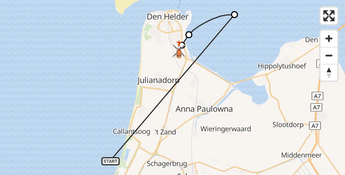 Vluchtroute Kustwachthelikopter Noordzee - Militair vliegveld De Kooy / Den Helder Airport, 01 juli 2026, 12:45