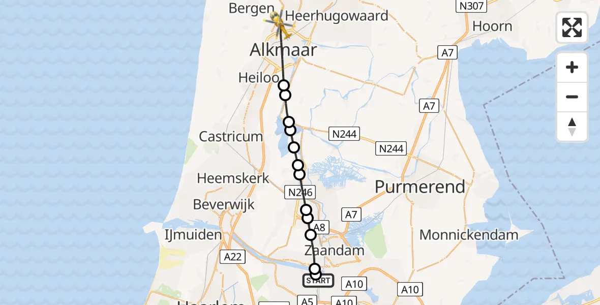 Vluchtroute Traumahelikopter Amsterdam Heliport - Alkmaar, 01 juli 2026, 15:20