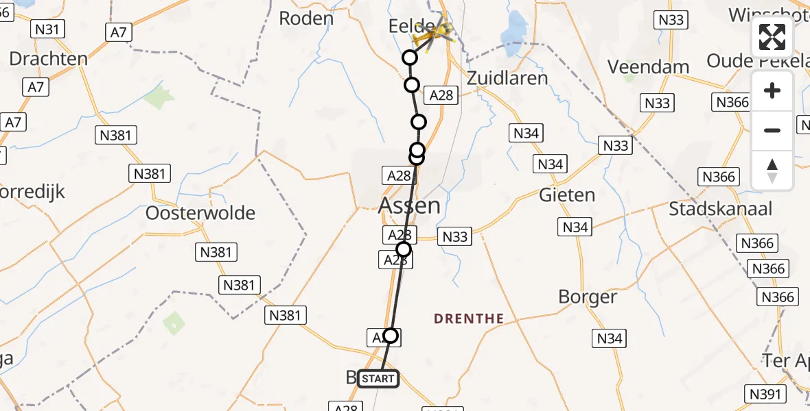 Vluchtroute Traumahelikopter Beilen - Groningen Airport Eelde, 01 juli 2026, 16:18