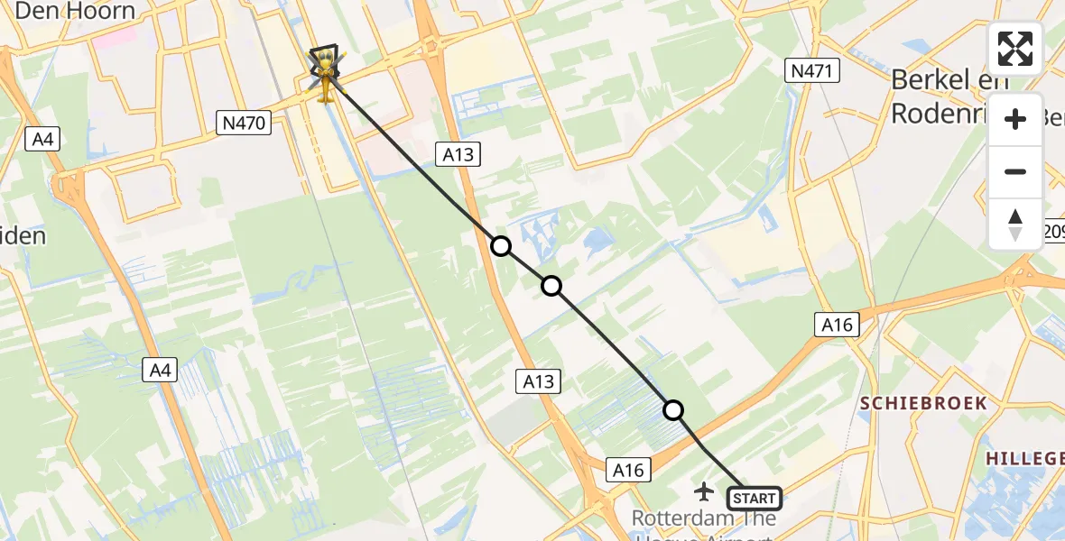 Vluchtroute Traumahelikopter Rotterdam The Hague Airport - Delft, 01 juli 2026, 16:47