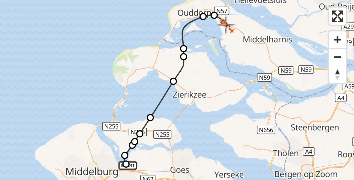 Vluchtroute Kustwachthelikopter Vliegveld Midden-Zeeland - Stellendam, 01 juli 2026, 17:16