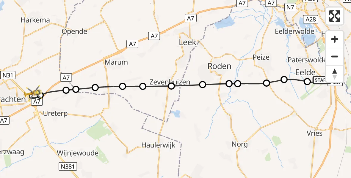 Vluchtroute Traumahelikopter Groningen Airport Eelde - Drachten, 01 juli 2026, 17:38