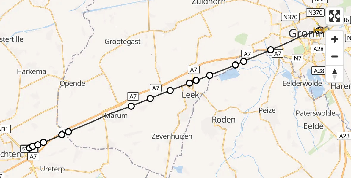 Vluchtroute Traumahelikopter Vliegveld Drachten - Universitair Medisch Centrum Groningen, 01 juli 2026, 18:08