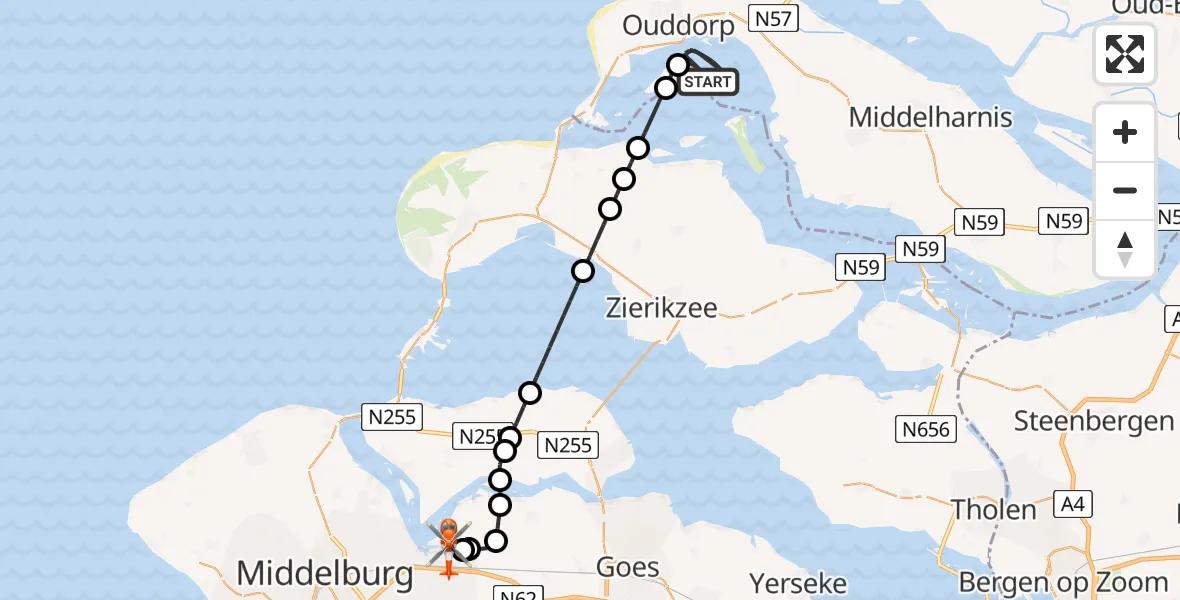 Vluchtroute Kustwachthelikopter Grevelingenmeer - Vliegveld Midden-Zeeland, 01 juli 2026, 18:12