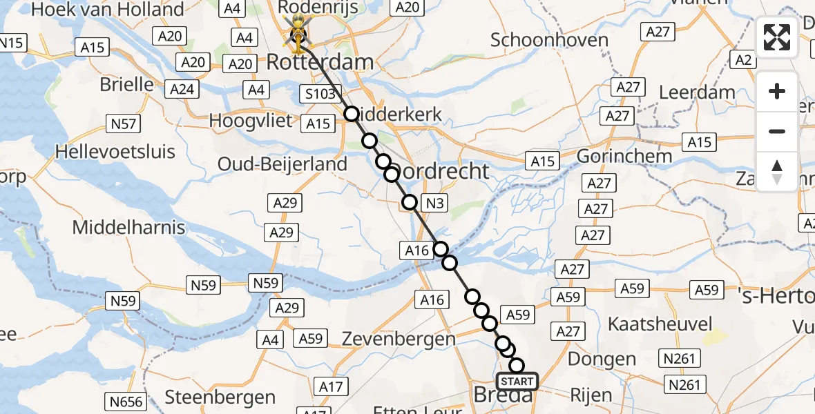 Vluchtroute Traumahelikopter Breda - Rotterdam The Hague Airport, 01 juli 2026, 20:31
