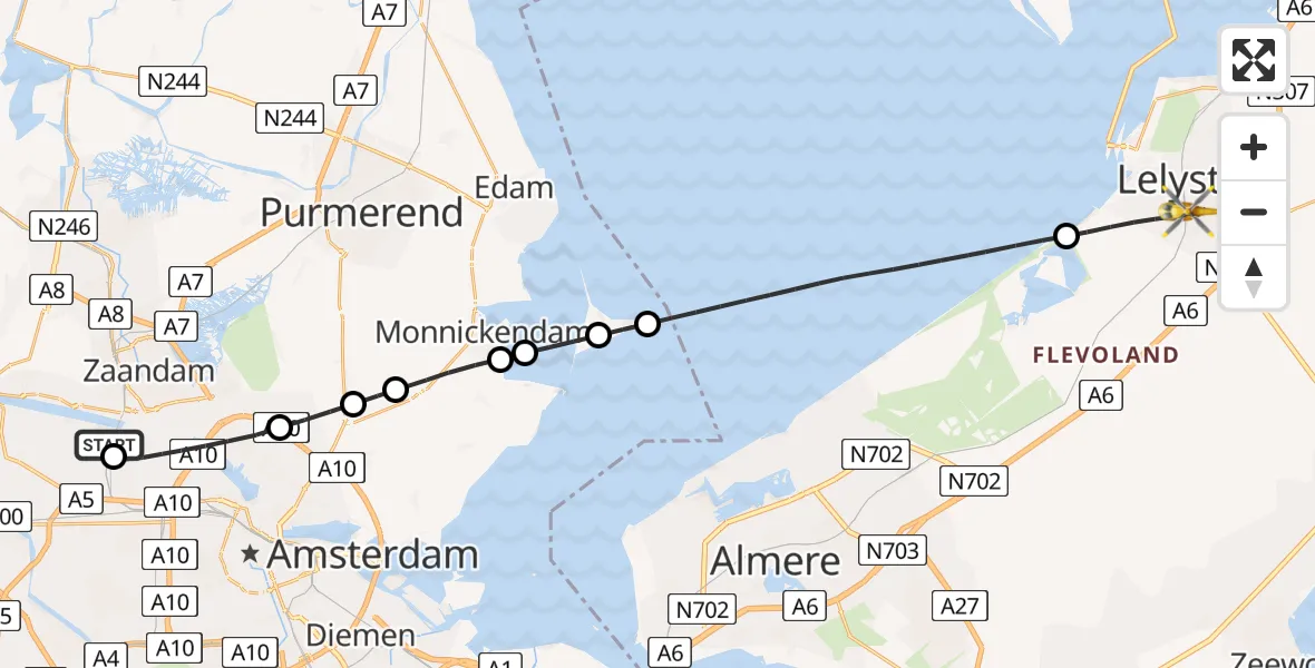 Vluchtroute Traumahelikopter Amsterdam Heliport - Lelystad, 01 juli 2026, 21:33