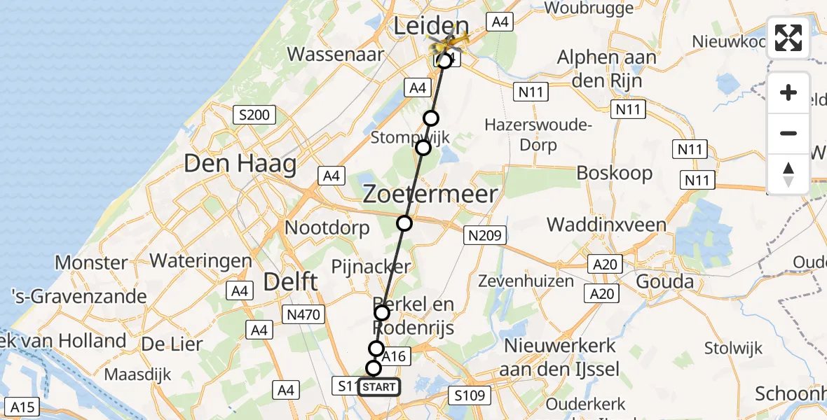 Vluchtroute Traumahelikopter Rotterdam The Hague Airport - Leiden, 01 juli 2026, 22:12