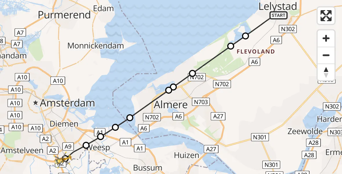 Vluchtroute Traumahelikopter Lelystad - Amsterdam UMC Helipad, 01 juli 2026, 22:30