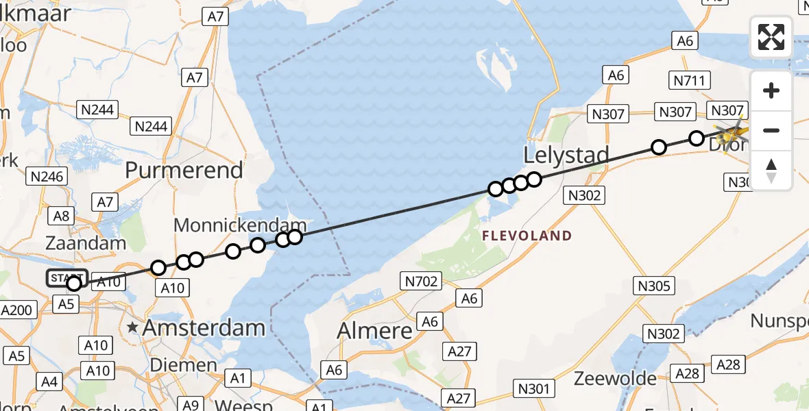 Vluchtroute Traumahelikopter Amsterdam Heliport - Dronten, 02 juli 2026, 05:50