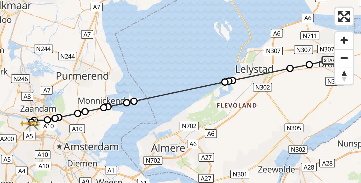 Vluchtroute Traumahelikopter Dronten - Amsterdam Heliport, 02 juli 2026, 06:32