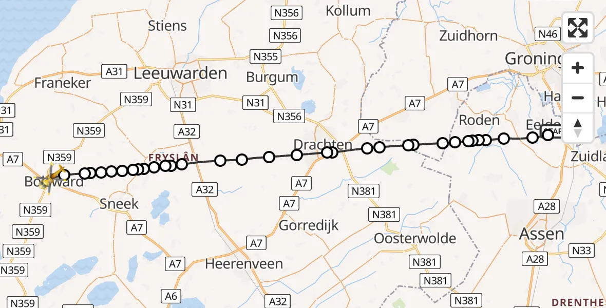 Vluchtroute Traumahelikopter Groningen Airport Eelde - Bolsward, 02 juli 2026, 06:45