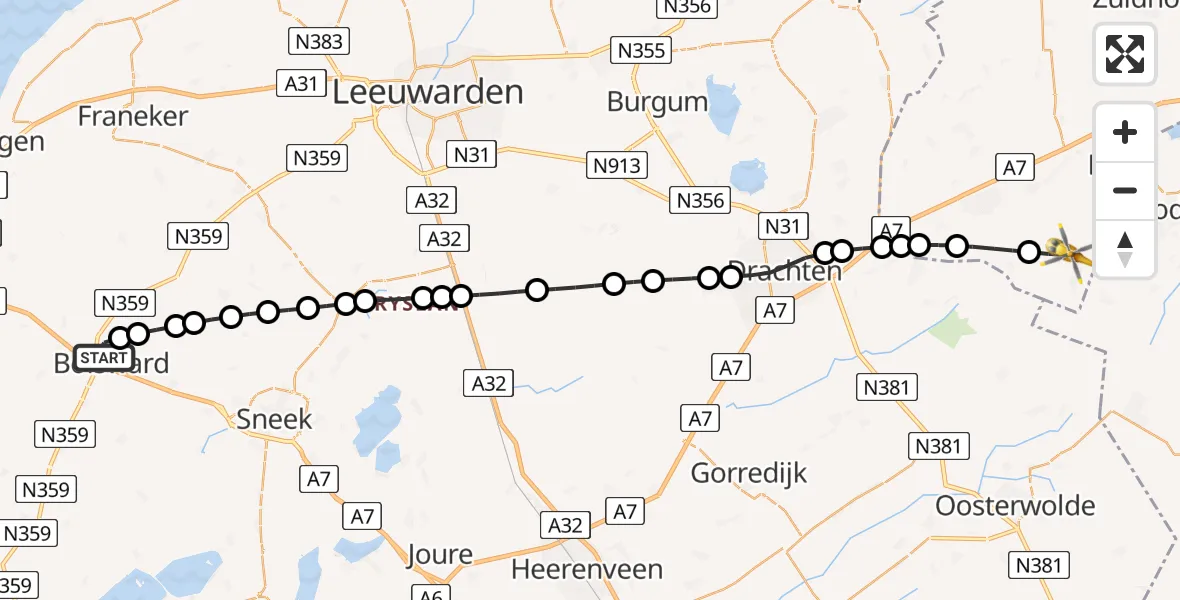 Vluchtroute Traumahelikopter Bolsward - Zevenhuizen, 02 juli 2026, 07:36