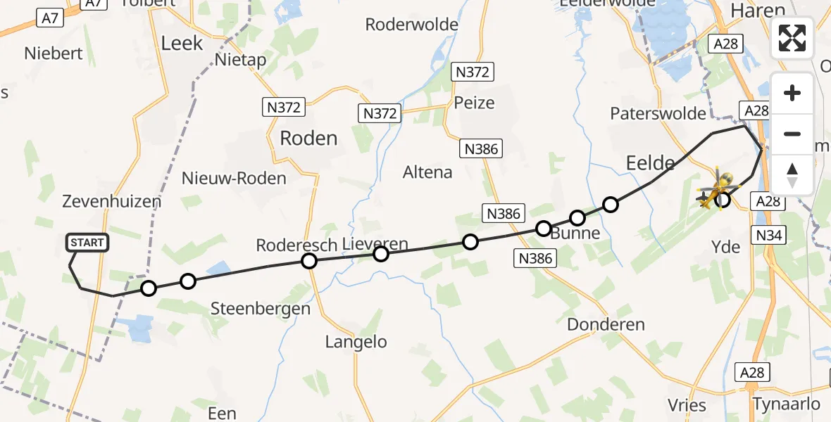 Vluchtroute Traumahelikopter Zevenhuizen - Groningen Airport Eelde, 02 juli 2026, 08:08