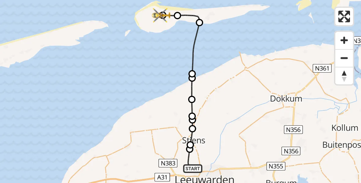 Vluchtroute Ambulancehelikopter Vliegbasis Leeuwarden - Ameland Vliegveld Ballum, 02 juli 2026, 08:40