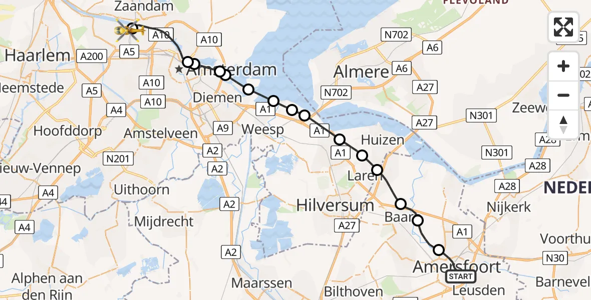 Vluchtroute Traumahelikopter Amersfoort - Amsterdam Heliport, 02 juli 2026, 10:14