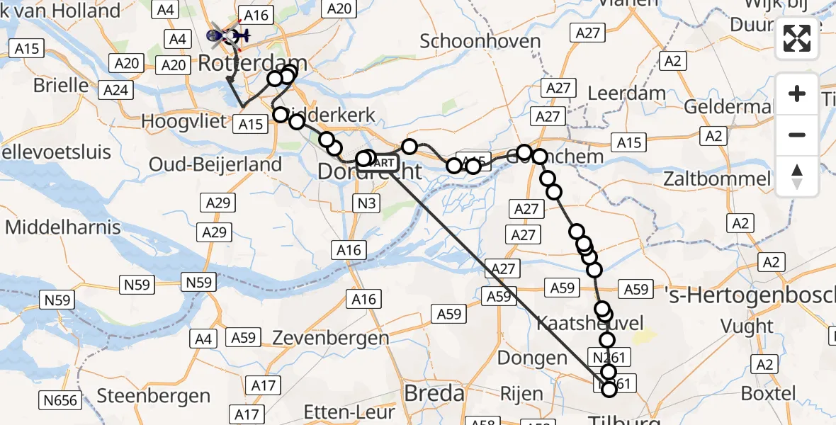 Vluchtroute Politiehelikopter Papendrecht - Rotterdam The Hague Airport, 02 juli 2026, 14:08