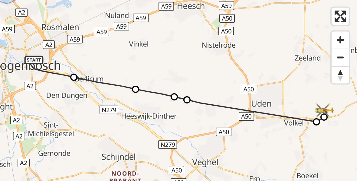 Vluchtroute Traumahelikopter 's-Hertogenbosch - Vliegbasis Volkel, 02 juli 2026, 14:17