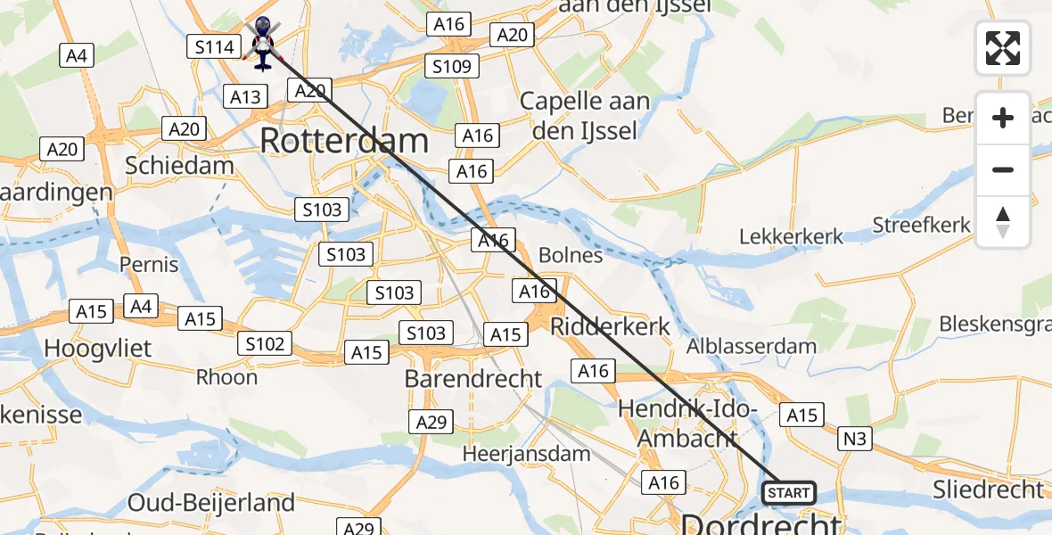 Vluchtroute Politiehelikopter Papendrecht - Rotterdam The Hague Airport, 02 juli 2026, 14:59