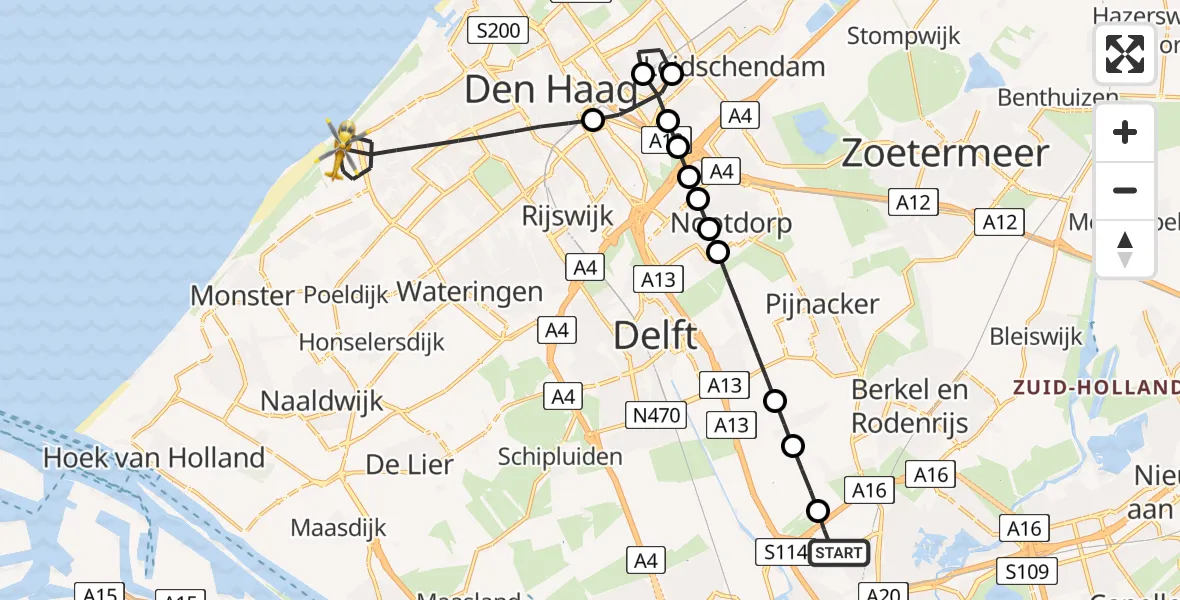 Vluchtroute Traumahelikopter Rotterdam The Hague Airport - 's-Gravenhage, 02 juli 2026, 16:33