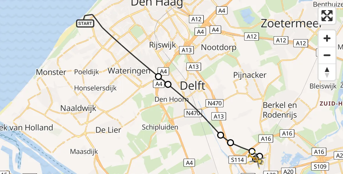 Vluchtroute Traumahelikopter 's-Gravenhage - Rotterdam The Hague Airport, 02 juli 2026, 16:48