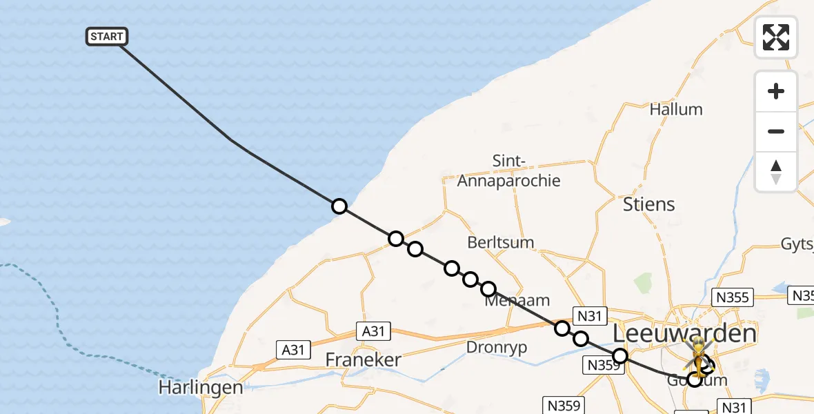 Vluchtroute Ambulancehelikopter Waddenzee - Leeuwarden Medical Center Heliport, 02 juli 2026, 17:32