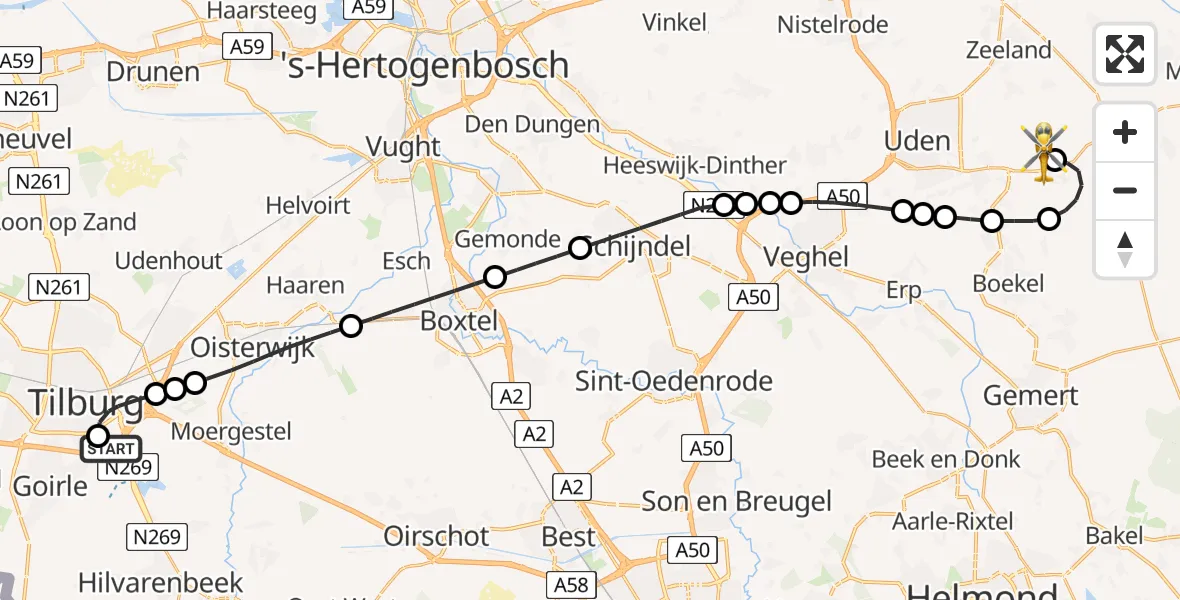 Vluchtroute Traumahelikopter St. Elisabeth Hospital Heliport - Vliegbasis Volkel, 02 juli 2026, 19:29