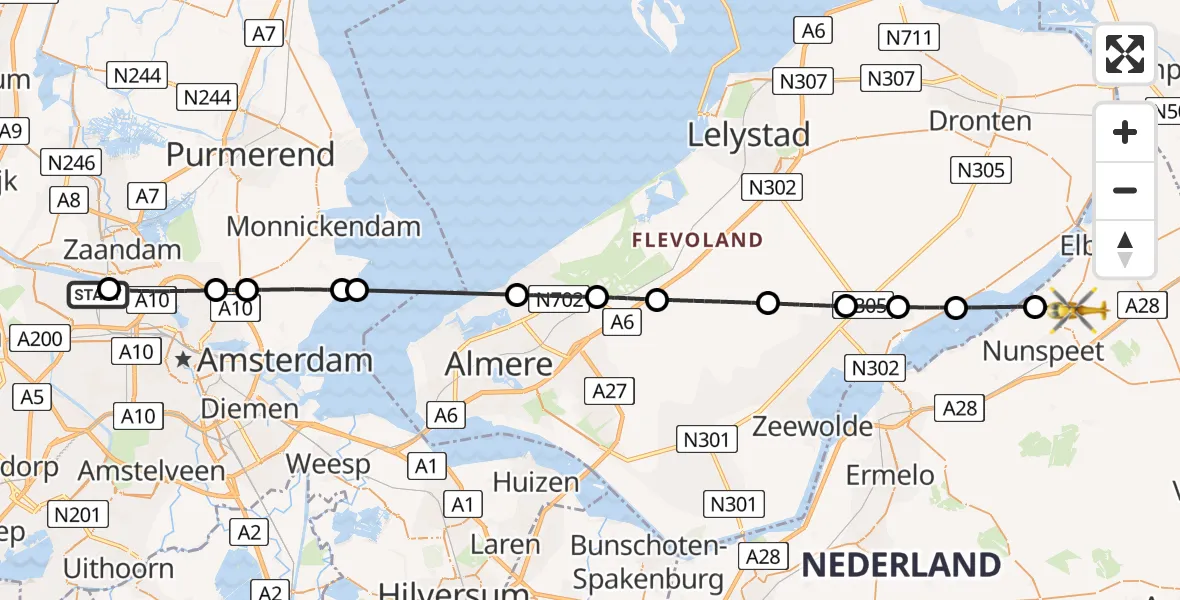 Vluchtroute Traumahelikopter Amsterdam Heliport - Doornspijk, 02 juli 2026, 21:34