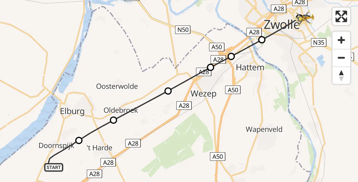 Vluchtroute Traumahelikopter Doornspijk - Isala Hospital Zwolle Heliport, 02 juli 2026, 22:21