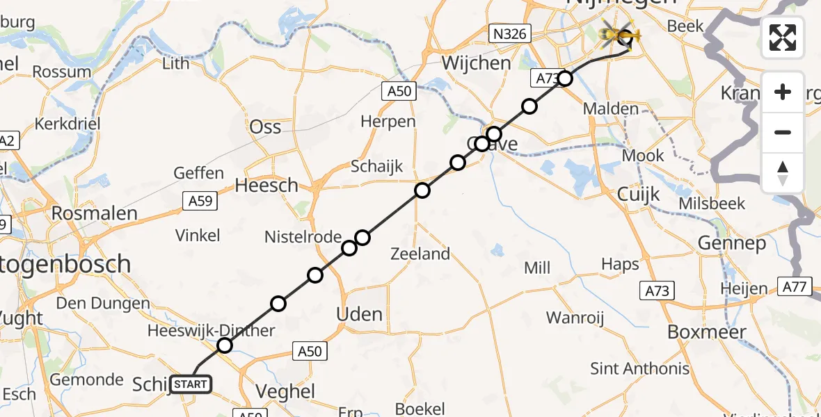 Vluchtroute Traumahelikopter Schijndel - Radboud University Medical Center Heliport, 02 juli 2026, 22:34