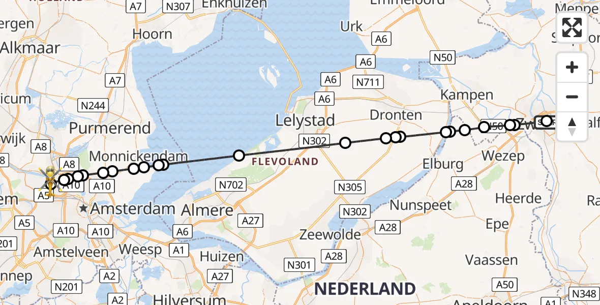 Vluchtroute Traumahelikopter Isala Hospital Zwolle Heliport - Amsterdam Heliport, 02 juli 2026, 22:55