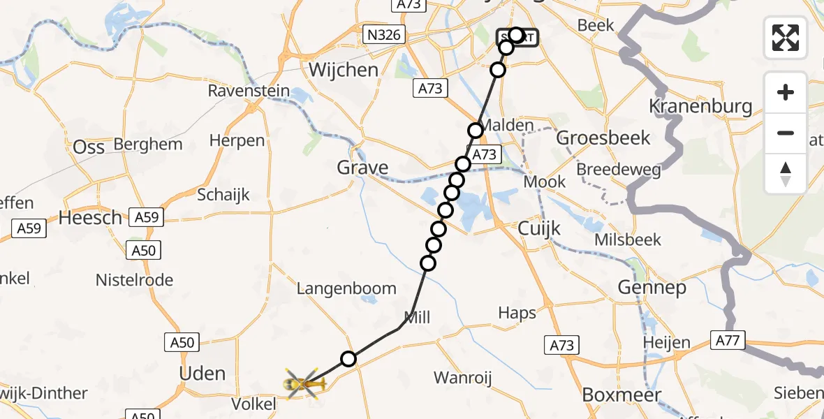 Vluchtroute Traumahelikopter Radboud Universitair Medisch Centrum - Vliegbasis Volkel, 02 juli 2026, 23:12