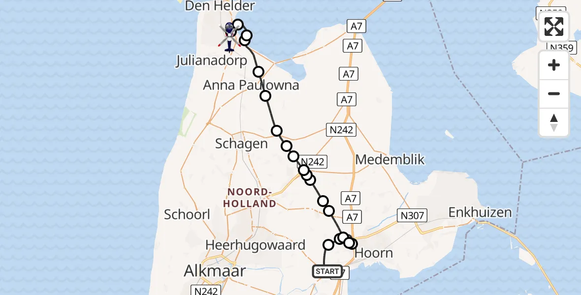 Vluchtroute Politiehelikopter Berkhout - Militair vliegveld De Kooy / Den Helder Airport, 03 juli 2026, 07:20