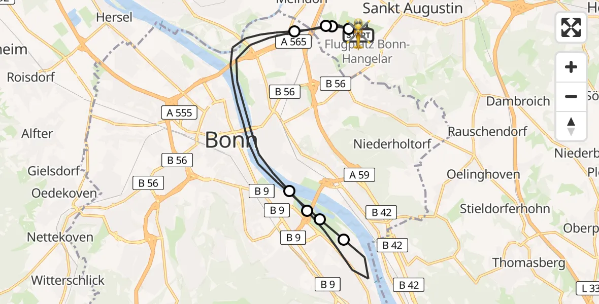 Vluchtroute Ambulancehelikopter Bonn-Hangelar Flugplatz - Bonn-Hangelar Flugplatz, 03 juli 2026, 07:22