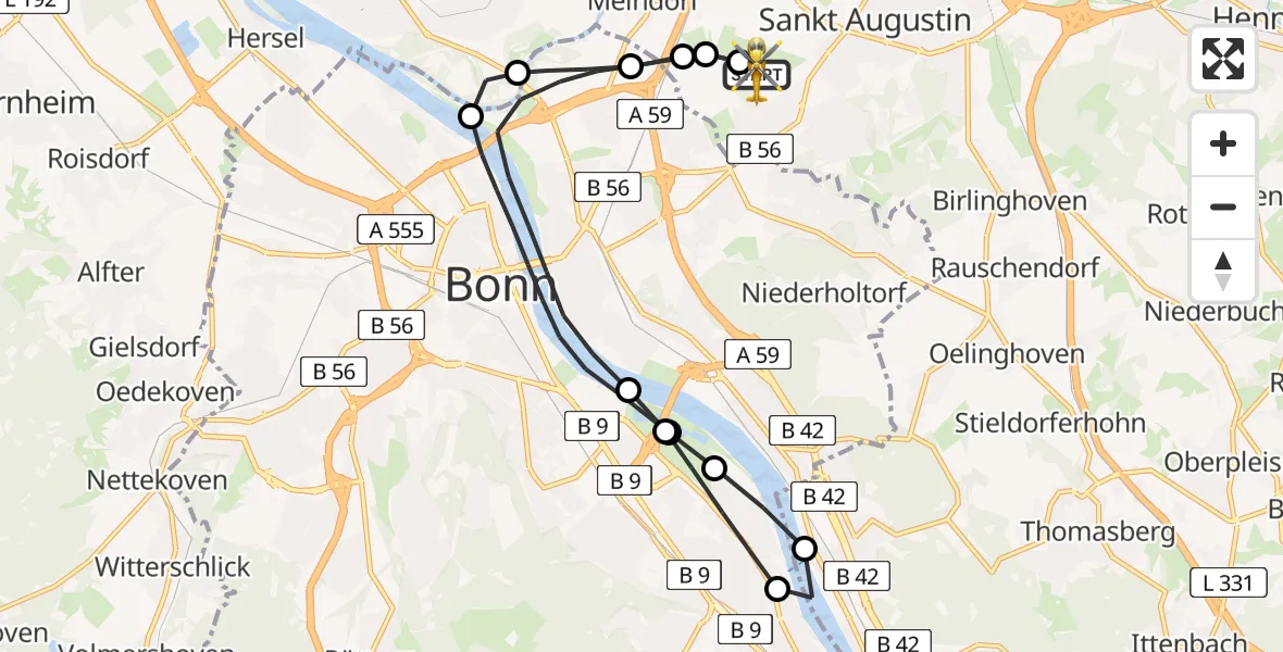 Vluchtroute Ambulancehelikopter Bonn-Hangelar Flugplatz - Bonn-Hangelar Flugplatz, 03 juli 2026, 07:48