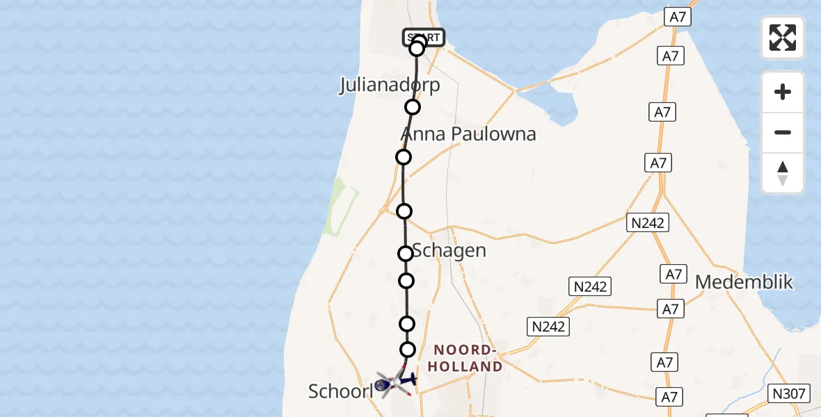 Vluchtroute Politiehelikopter Militair vliegveld De Kooy / Den Helder Airport - Warmenhuizen, 03 juli 2026, 08:09