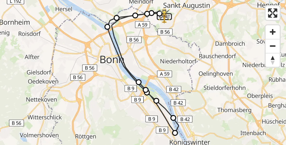 Vluchtroute Ambulancehelikopter Bonn-Hangelar Flugplatz - Bonn-Hangelar Flugplatz, 03 juli 2026, 08:22