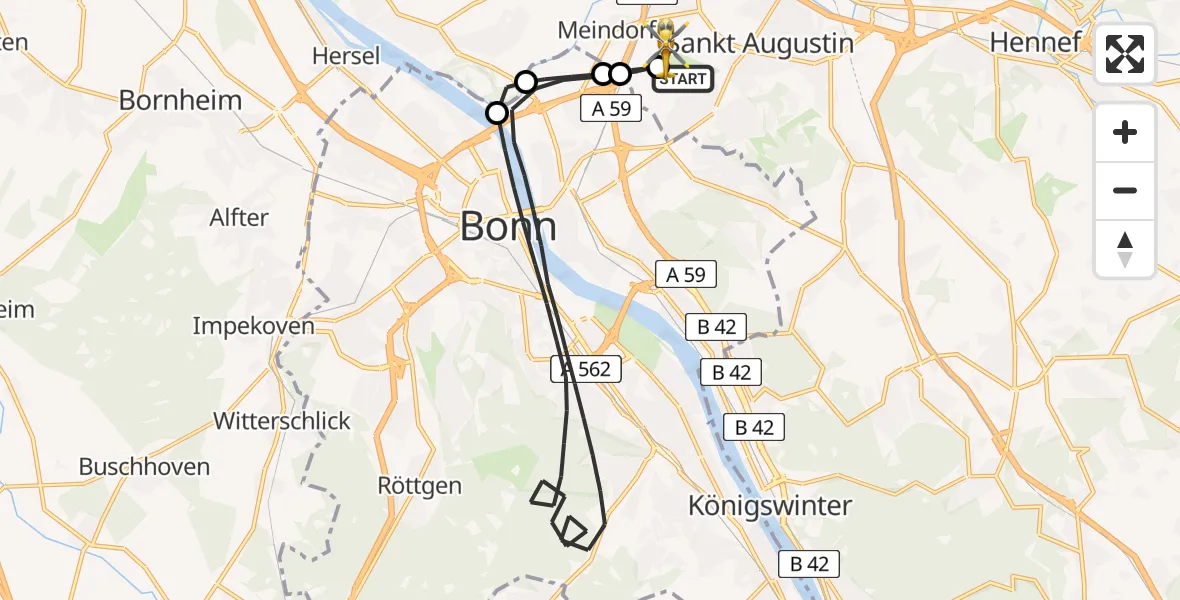 Vluchtroute Ambulancehelikopter Bonn-Hangelar Flugplatz - Sankt Augustin, 03 juli 2026, 09:21