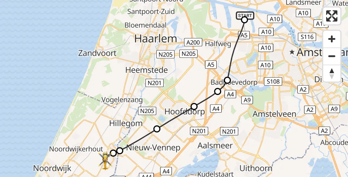 Vluchtroute Traumahelikopter Amsterdam Heliport - Lisse, 03 juli 2026, 11:11