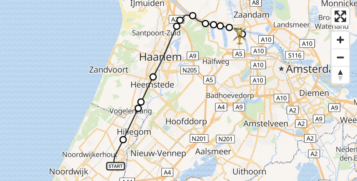 Vluchtroute Traumahelikopter Lisse - Amsterdam Heliport, 03 juli 2026, 11:41